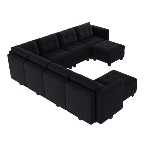 HONBAY Modular Sectional Sofa with Storage Ottomans Oversized U Shaped Sectional Couch with Reversible Chaises 9-Seat Sectional Sofa for Living Room, Velvet Black