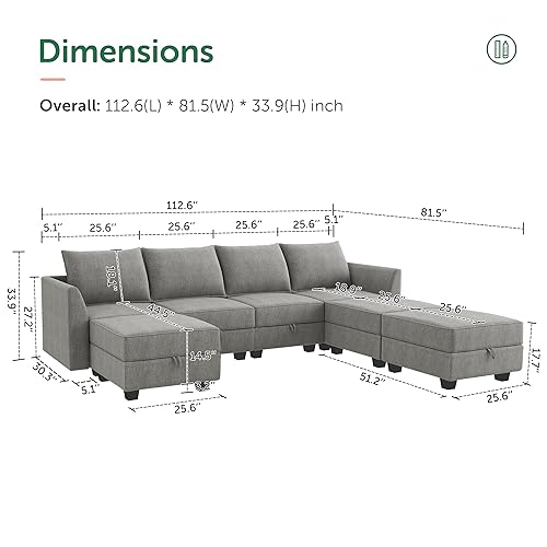 HONBAY Modular Sectional Sofa U Shaped Sectional Couch with Ottomans Reversible Modular Sofa 7 Seater Couch with Storage Seat, Grey