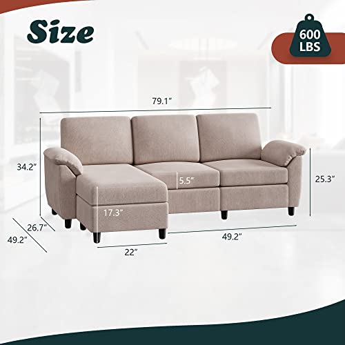 Vongrasig 79" Convertible Sectional Sofa Couch, 3 Seat L Shaped Sofa with Removable Pillows Linen Fabric Small Couch Mid Century for Living Room, Apartment and Office, Khaki