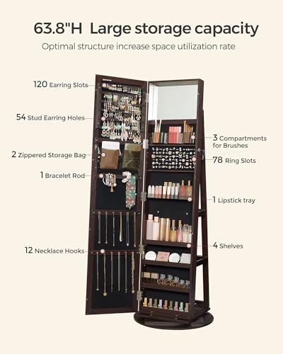 SONGMICS 360° Swivel Jewelry Cabinet, Lockable Jewelry Organizer with Full-Length Mirror, Rear Storage Shelves, Interior Mirror, Jewelry Armoire, Gift Idea, Brown UJJC006R01