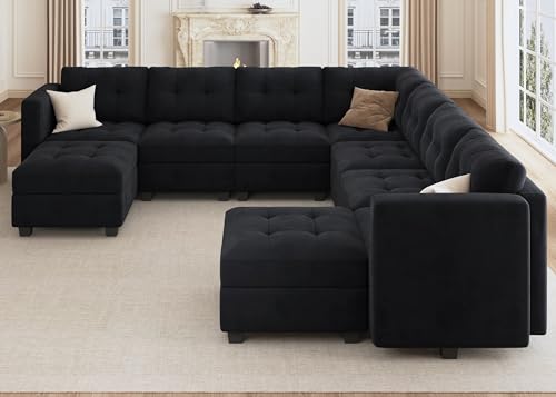 HONBAY Modular Sectional Sofa with Storage Ottomans Oversized U Shaped Sectional Couch with Reversible Chaises 9-Seat Sectional Sofa for Living Room, Velvet Black