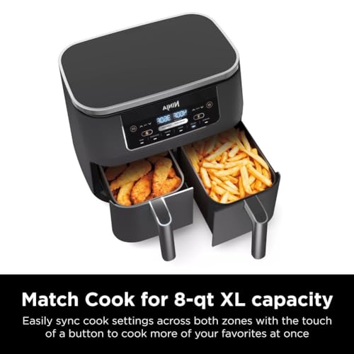 Ninja DZ201 Foodi 8 Quart 6-in-1 DualZone 2-Basket Air Fryer with 2 Independent Frying Baskets, Match Cook & Smart Finish to Roast, Broil, Dehydrate & More for Quick, Easy Meals, Grey