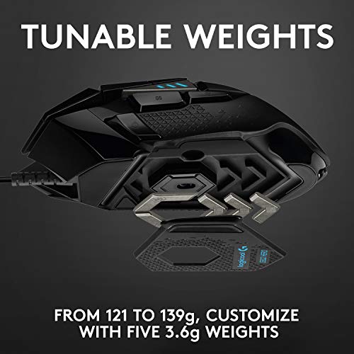 Logitech G502 HERO High Performance Wired Gaming Mouse, HERO 25K Sensor, 25,600 DPI, RGB, Adjustable Weights, 11 Programmable Buttons, On-Board Memory, PC / Mac