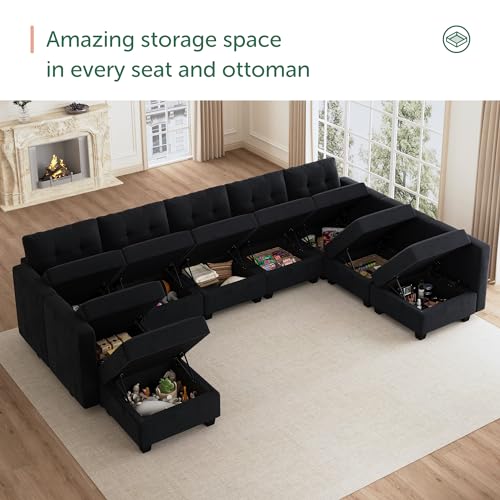 HONBAY Modular Sectional Sofa with Storage Ottomans Oversized U Shaped Sectional Couch with Reversible Chaises 9-Seat Sectional Sofa for Living Room, Velvet Black