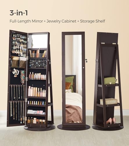 SONGMICS 360° Swivel Jewelry Cabinet, Lockable Jewelry Organizer with Full-Length Mirror, Rear Storage Shelves, Interior Mirror, Jewelry Armoire, Gift Idea, Brown UJJC006R01