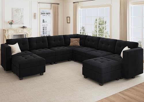 HONBAY Modular Sectional Sofa with Storage Ottomans Oversized U Shaped Sectional Couch with Reversible Chaises 9-Seat Sectional Sofa for Living Room, Velvet Black