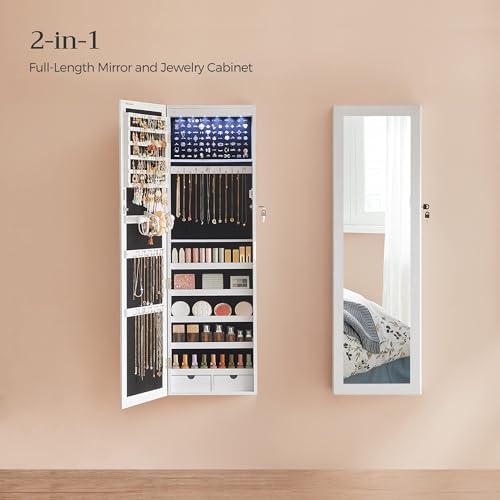 SONGMICS 6 LEDs Mirror Jewelry Cabinet, 47.2-Inch Tall Lockable Wall or Door Mounted Jewelry Armoire Organizer with Mirror, 2 Drawers, 3.9 x 14.6 x 47.2 Inches, Mother's Day Gifts, White UJJC93W