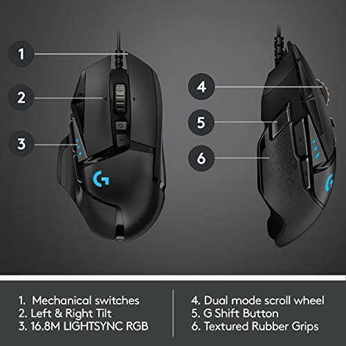 Logitech G502 HERO High Performance Wired Gaming Mouse, HERO 25K Sensor, 25,600 DPI, RGB, Adjustable Weights, 11 Programmable Buttons, On-Board Memory, PC / Mac