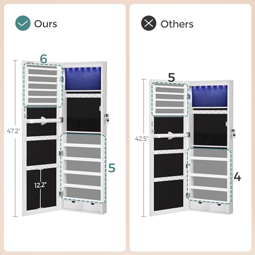 SONGMICS 6 LEDs Mirror Jewelry Cabinet, 47.2-Inch Tall Lockable Wall or Door Mounted Jewelry Armoire Organizer with Mirror, 2 Drawers, 3.9 x 14.6 x 47.2 Inches, Mother's Day Gifts, White UJJC93W