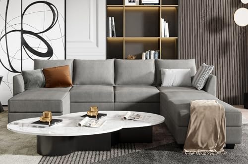 HONBAY Modular Sectional Sofa U Shaped Sectional Couch with Ottomans Reversible Modular Sofa 7 Seater Couch with Storage Seat, Grey