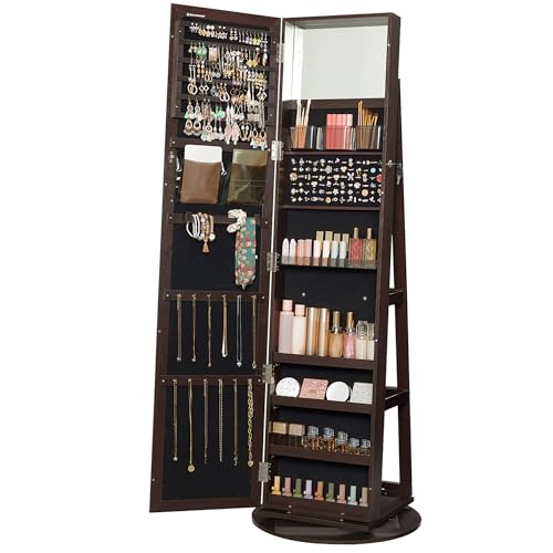 SONGMICS 360° Swivel Jewelry Cabinet, Lockable Jewelry Organizer with Full-Length Mirror, Rear Storage Shelves, Interior Mirror, Jewelry Armoire, Gift Idea, Brown UJJC006R01