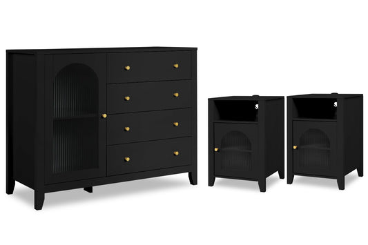 ENSTVER Dresser and Night Stand Sets - 3 Pieces Wooden Bedroom Set, 4-Drawer Chest of Drawers and Nightstands Set with Glass Door (Black)