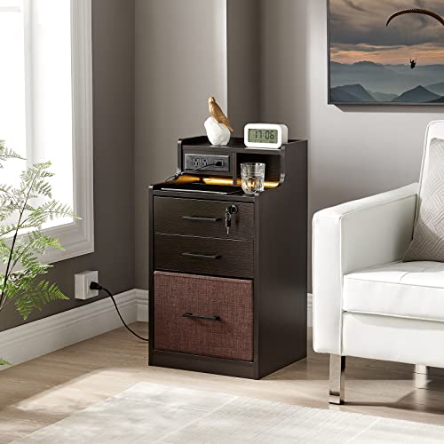 Lovitgo 2 Drawer LED Nightstand, Night Stand with Fast Charging, 3 USB Ports and 2 Power Outlets, Bedside Table with Open Shelf, 29 inch Nightstand with Lock for Bedroom, Espresso Color