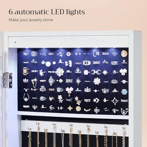 SONGMICS 6 LEDs Mirror Jewelry Cabinet, 47.2-Inch Tall Lockable Wall or Door Mounted Jewelry Armoire Organizer with Mirror, 2 Drawers, 3.9 x 14.6 x 47.2 Inches, Mother's Day Gifts, White UJJC93W