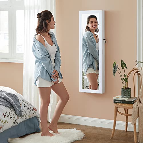 SONGMICS 6 LEDs Mirror Jewelry Cabinet, 47.2-Inch Tall Lockable Wall or Door Mounted Jewelry Armoire Organizer with Mirror, 2 Drawers, 3.9 x 14.6 x 47.2 Inches, Mother's Day Gifts, White UJJC93W