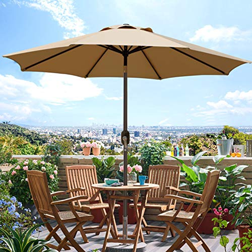 Blissun 9' Outdoor Patio Umbrella, Outdoor Table Umbrella, Yard Umbrella, Market Umbrella with 8 Sturdy Ribs, Push Button Tilt and Crank (Tan)