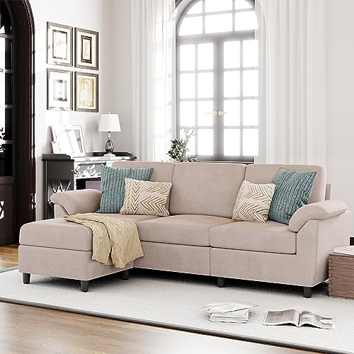 Vongrasig 79" Convertible Sectional Sofa Couch, 3 Seat L Shaped Sofa with Removable Pillows Linen Fabric Small Couch Mid Century for Living Room, Apartment and Office, Khaki