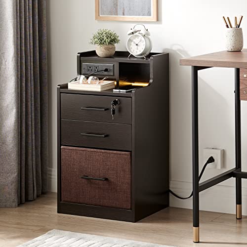 Lovitgo 2 Drawer LED Nightstand, Night Stand with Fast Charging, 3 USB Ports and 2 Power Outlets, Bedside Table with Open Shelf, 29 inch Nightstand with Lock for Bedroom, Espresso Color