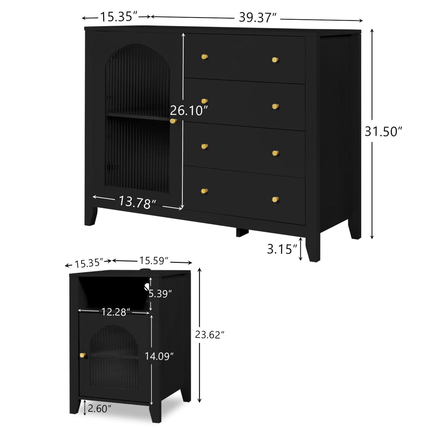 ENSTVER Dresser and Night Stand Sets - 3 Pieces Wooden Bedroom Set, 4-Drawer Chest of Drawers and Nightstands Set with Glass Door (Black)