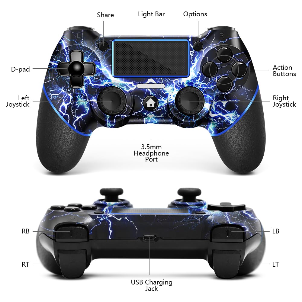 AceGamer Wireless Controller for PS4, Custom Design V2 Gamepad Joystick for PS4 with Non-Slip Grip of Both Sides and 3.5mm Audio Jack! Thumb Caps Included! (Lightning)