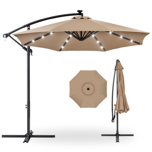 ProBeChoicest ducts 10ft Solar LED Offset Hanging Market Patio Umbrella for Backyard, Poolside, Lawn and Garden w/Easy Tilt Adjustment, Polyester Shade, 8 Ribs - Tan