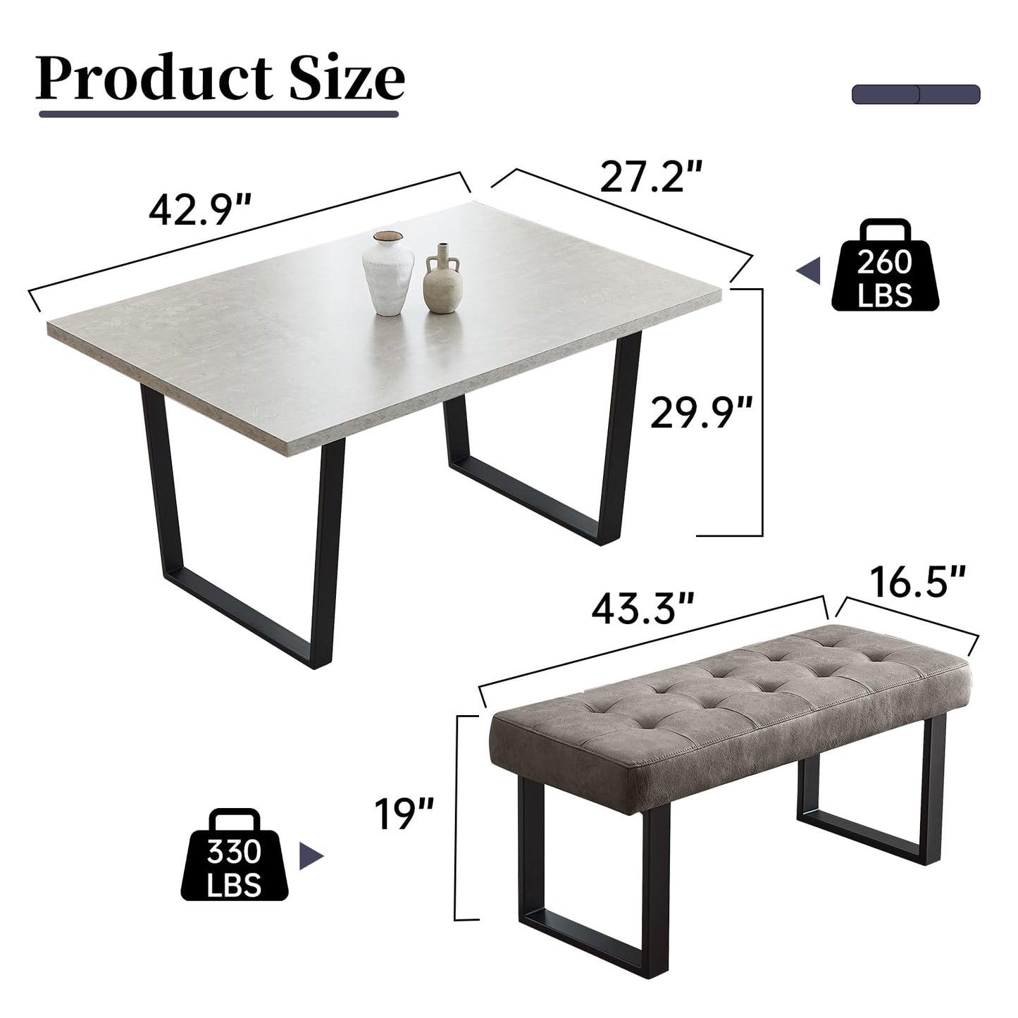 HIPIHOM 3 Piece Dining Table Set with Bench, 42.9 Inch Modern Kitchen Table with Left Seat Corner Bench and 43.3 Inch Bench for Family Dining Room Furniture