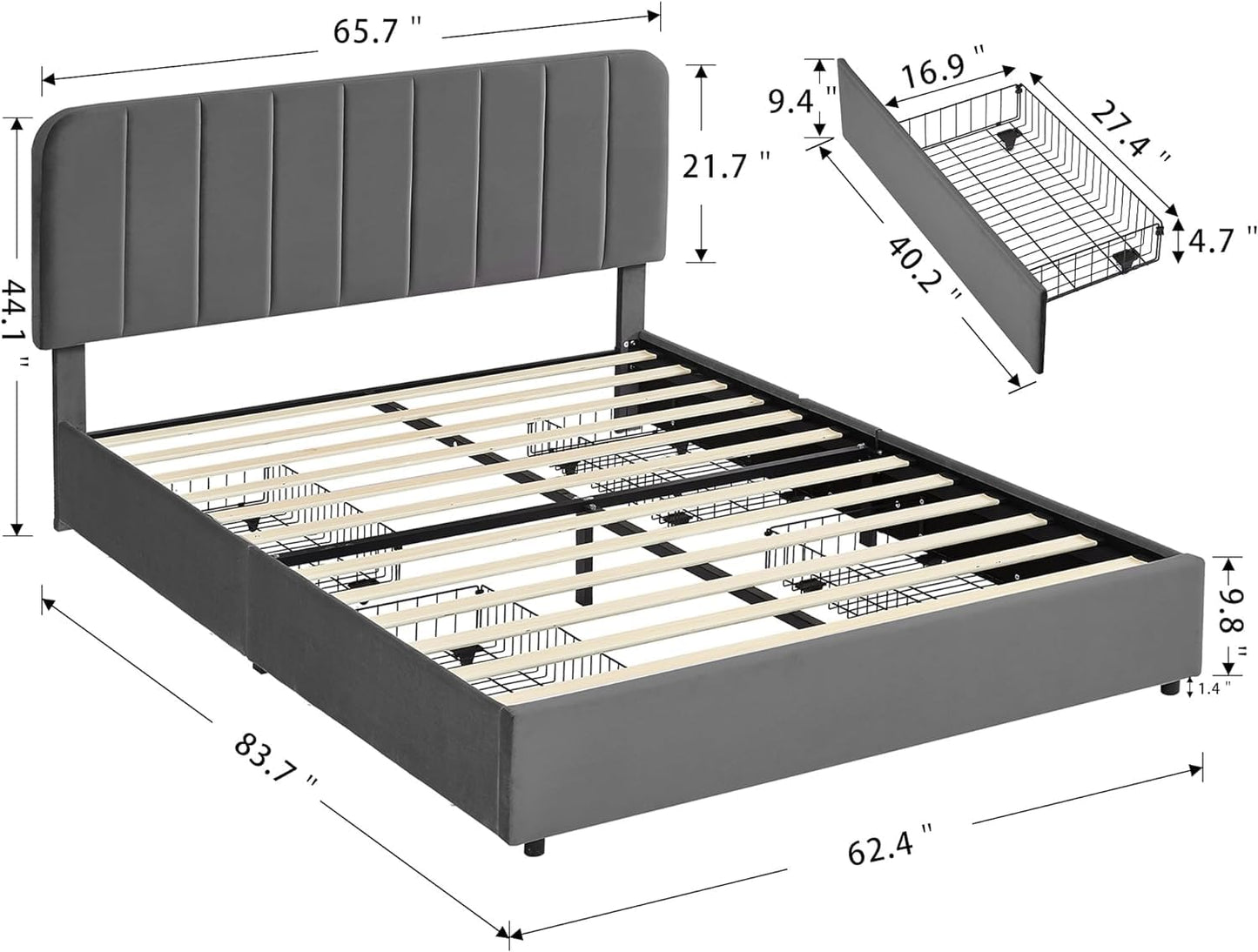 VECELO Queen Size Upholstered Bed Frame with 4 Drawers and Adjustable Headboard, Velvet Platform Storage Bedframe Mattress Foundation, Wooden Slats Support, No Box Spring Needed, Dark Grey