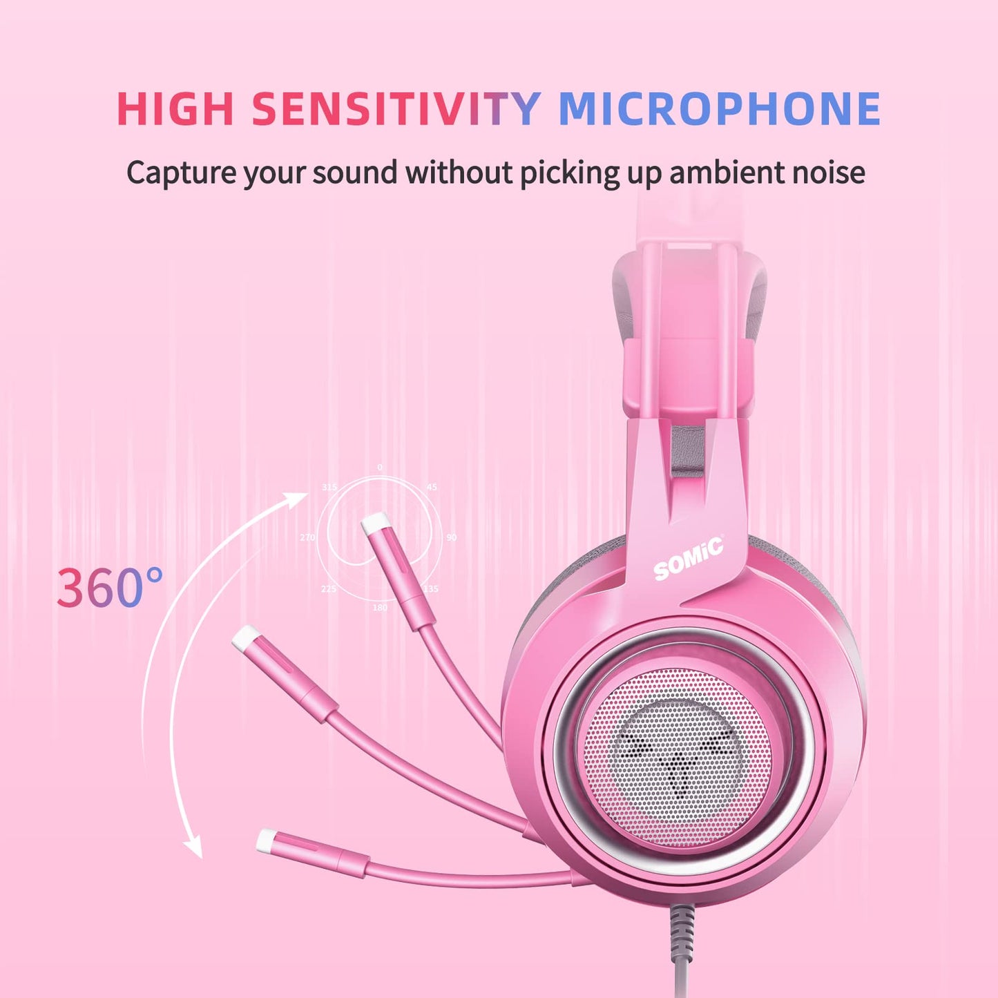 SOMIC G951s Pink Stereo Gaming Headset with Mic for PS4,Xbox,PC,Mobile Phone,3.5mm Noise Reduction Cat Ear Headphones Lightweight Over Ear Headphones for Girls