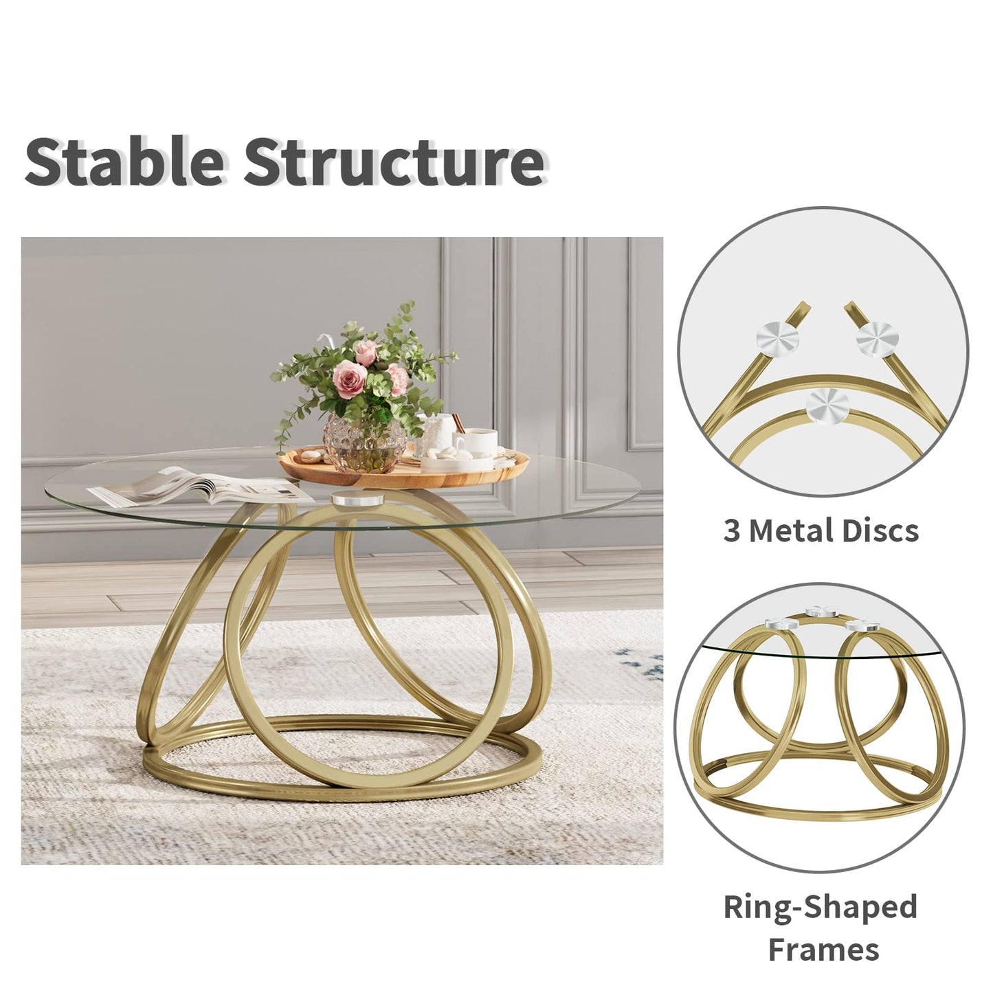 O&K FURNITURE Gold Coffee Table, Modern Round Glass Coffee Table for Living Room with Ring-Shaped Frames, Gold Glass Table for Home&Office,Gold Finish, 1PC