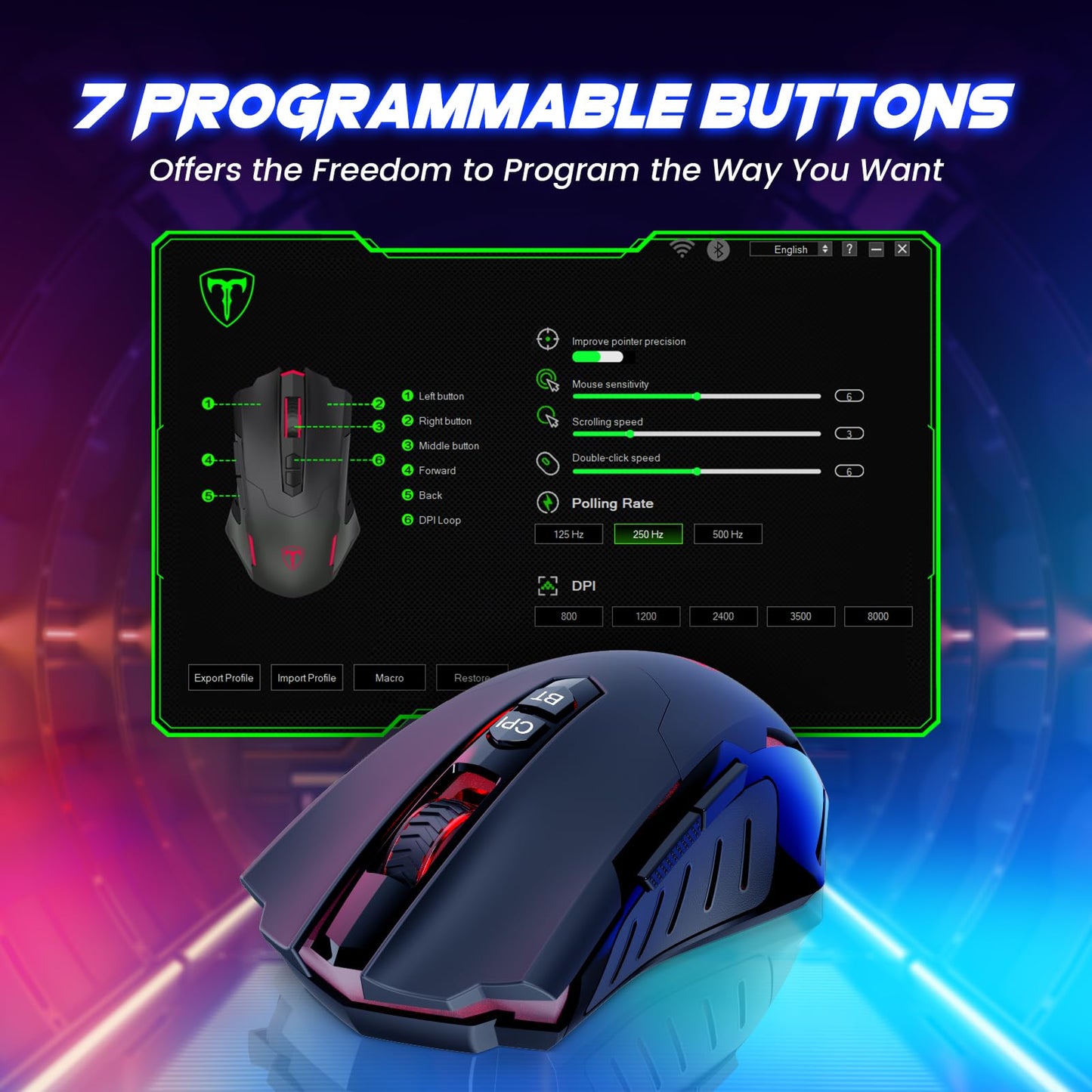 RisoPhy Gaming Mouse, Wireless Mouse Gaming with 8000 DPI, PC Gaming Mice with RGB LED Backlit Programmable Ergonomic Mouse Gamer