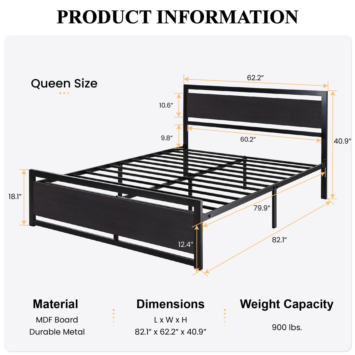 SHA CERLIN Queen Size Bed Frame with Modern Wooden Headboard/Heavy Duty Platform Metal Bed Frame with Square Frame Footboard & 13 Strong Metal Slats Support/No Box Spring