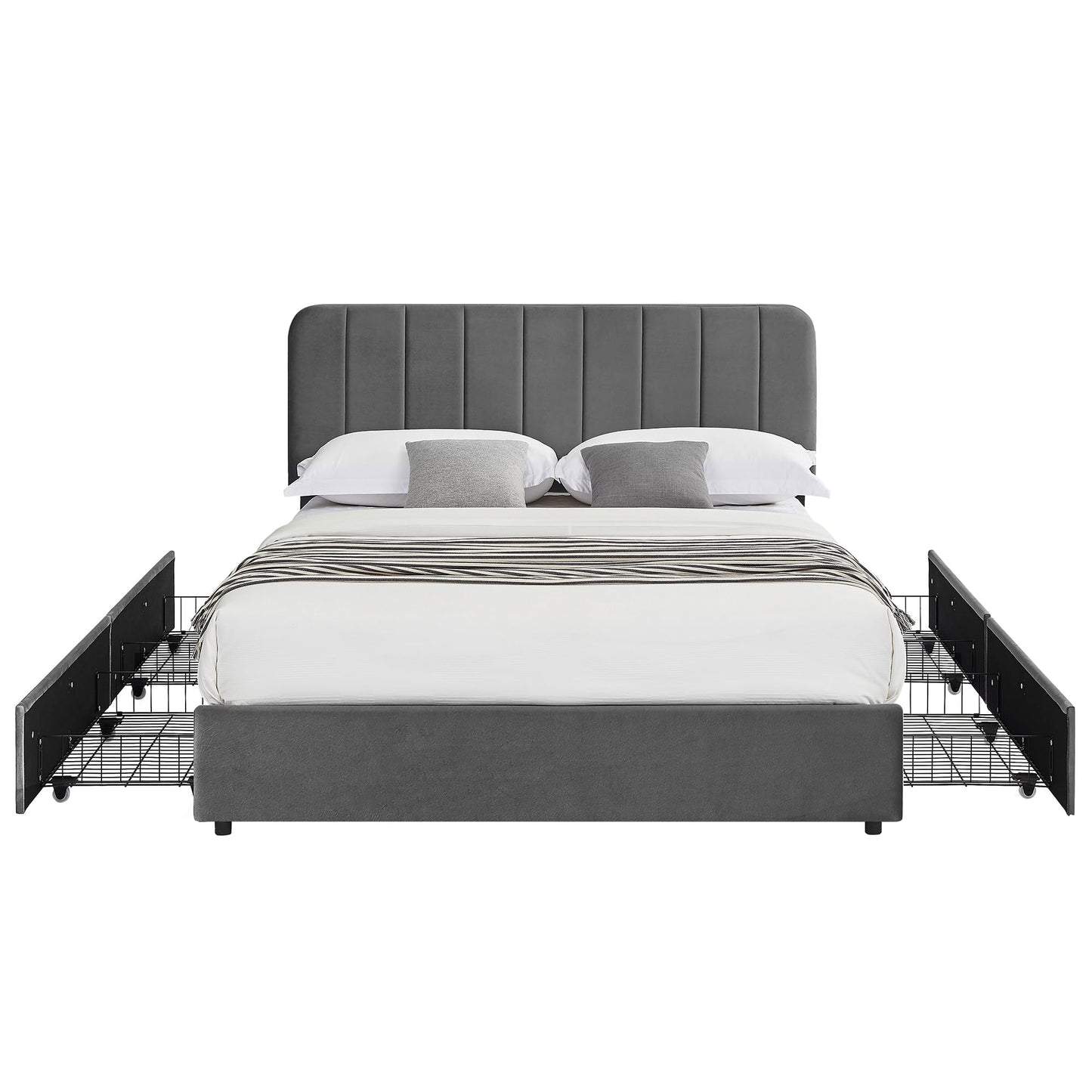 VECELO Queen Size Upholstered Bed Frame with 4 Drawers and Adjustable Headboard, Velvet Platform Storage Bedframe Mattress Foundation, Wooden Slats Support, No Box Spring Needed, Dark Grey