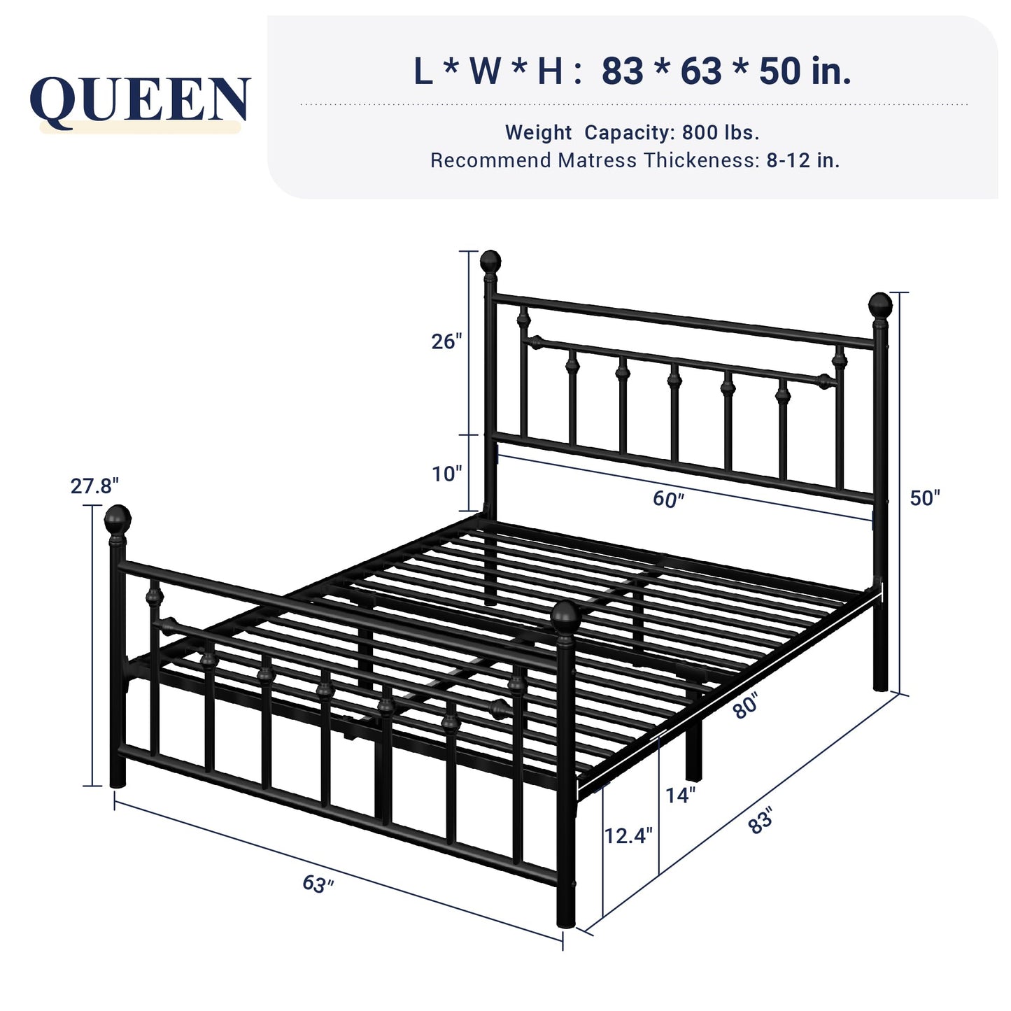 Allewie 14 Inch Queen Size Metal Platform Bed Frame with Victorian Vintage Headboard and Footboard/Under Bed Storage/No Box Spring Needed/Easy Assembly/Noise-Free/Mattress Foundation/Black