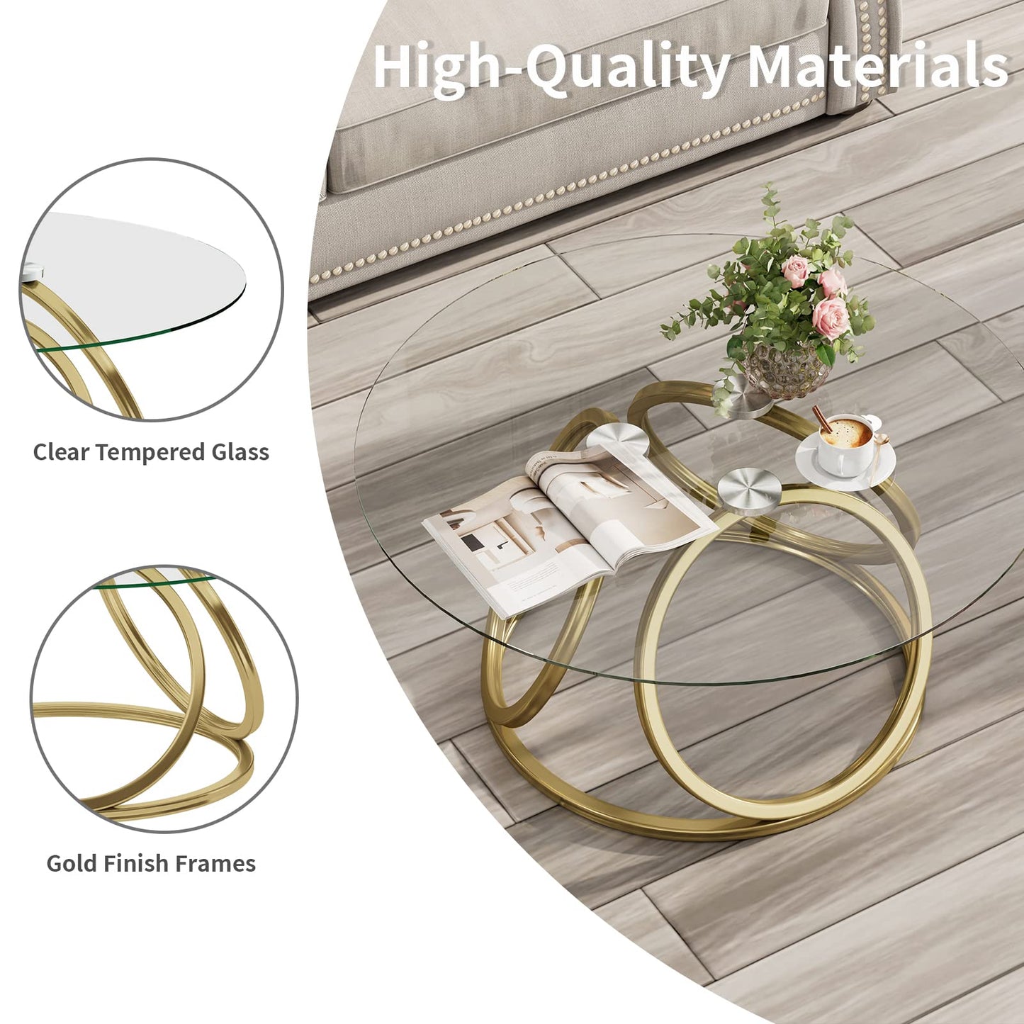 O&K FURNITURE Gold Coffee Table, Modern Round Glass Coffee Table for Living Room with Ring-Shaped Frames, Gold Glass Table for Home&Office,Gold Finish, 1PC