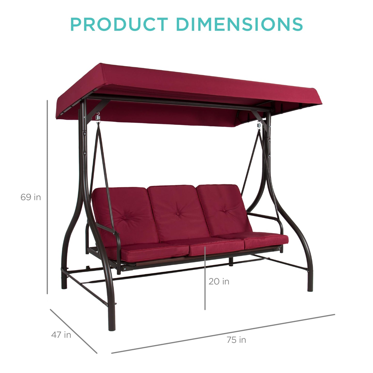 Best Choice Products 3-Seat Outdoor Large Converting Canopy Swing Glider, Patio Hammock Lounge Chair for Porch, Backyard w/Flatbed, Adjustable Shade, Removable Cushions - Burgundy