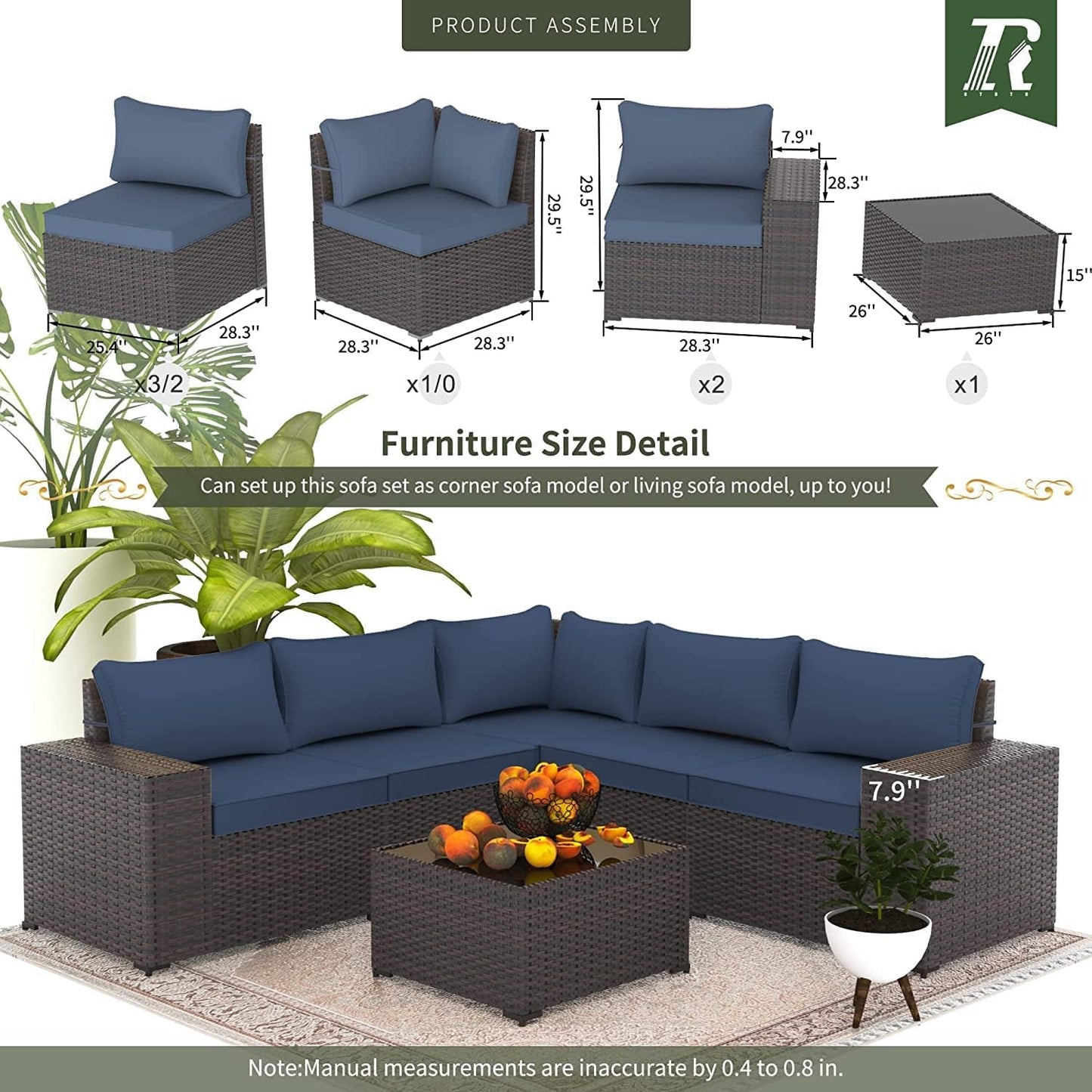 RTDTD Outdoor Patio Furniture Set, 6 Pieces Outdoor Furniture All Weather Patio Sectional Sofa PE Wicker Modular Conversation Sets with Coffee Table,5 Chairs & Seat Clips Dark Blue