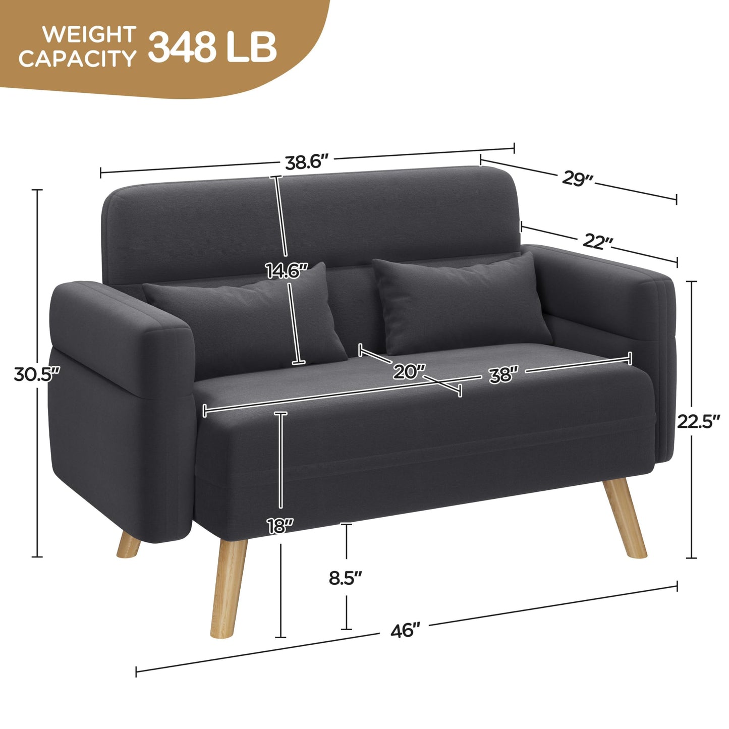 Yaheetech 46" Small Modern Fabric Sofa Loveseat Mid Century 2 Seater Sofa Couch with Lumbar Pillows, Solid Wood Legs for Small Space, Dorm, Office, Bedroom, Dark Gray