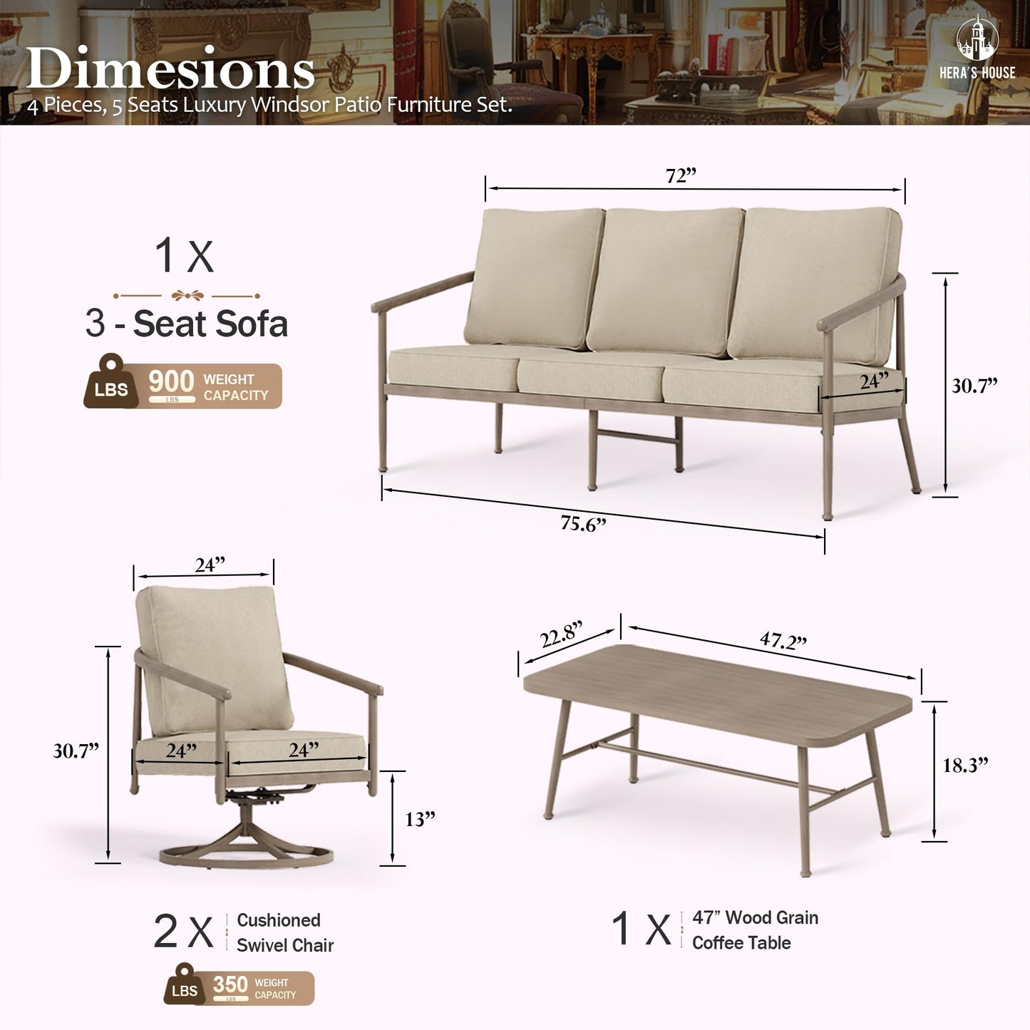 HERA'S HOUSE Patio Furniture Set, 2 x Cushioned Swivel Chair, 3-Seat Sofa with Wood Grain Coffee Table, 5 Seats Windsor Style All Weahter Outdoor Sofa Conversation Set for Deck Lawn Backyard