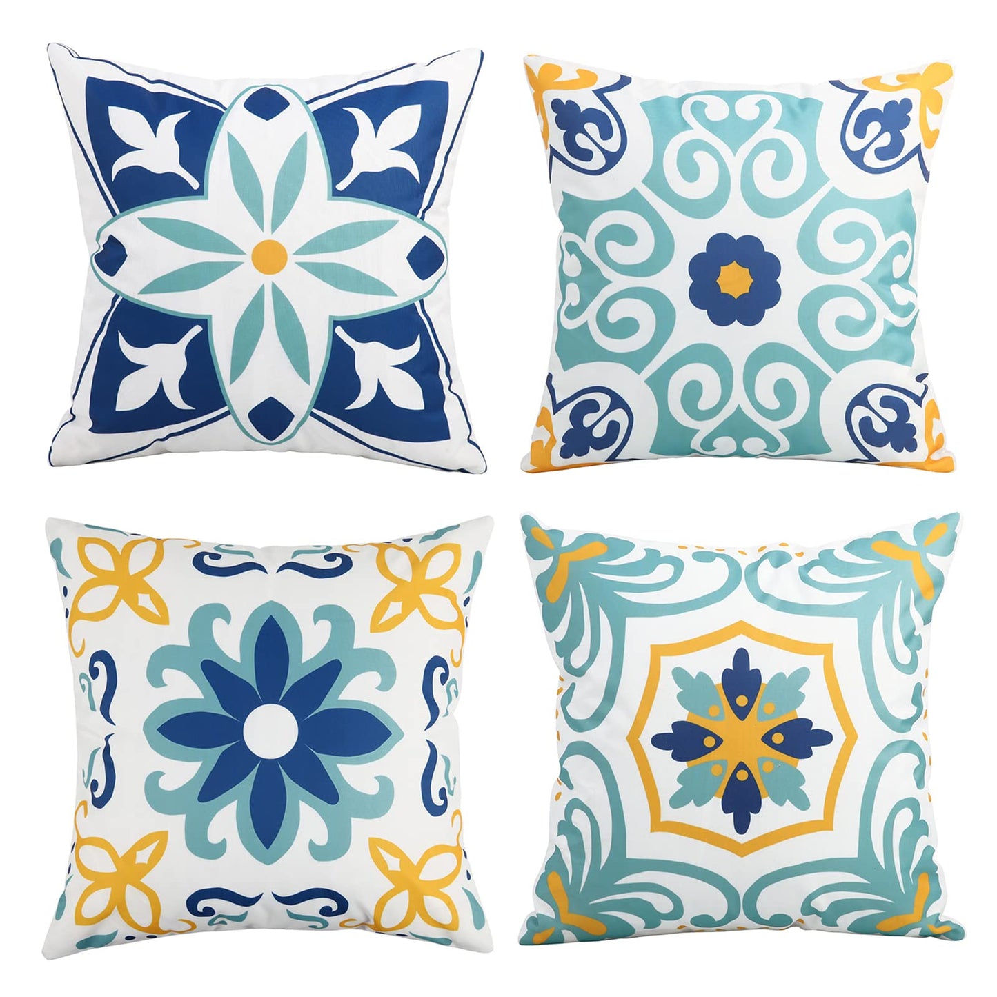 Outdoor Waterproof Throw Pillow Covers Set of 4 Floral Printed and Boho Farmhouse Outdoor Pillow Covers for Patio Funiture Garden 18x18 Inch Blue