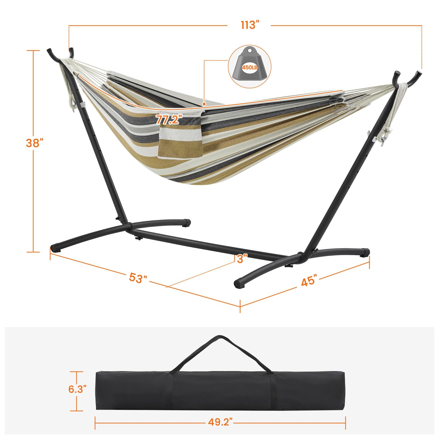 Yaheetech Double Hammock w/Stand, 2-People Hammock & Stand Set w/Storage Bag & Carrying Bag, Outdoor/Indoor Heavy-Duty Portable Hammock, 450LB Capacity - Desert Stripe