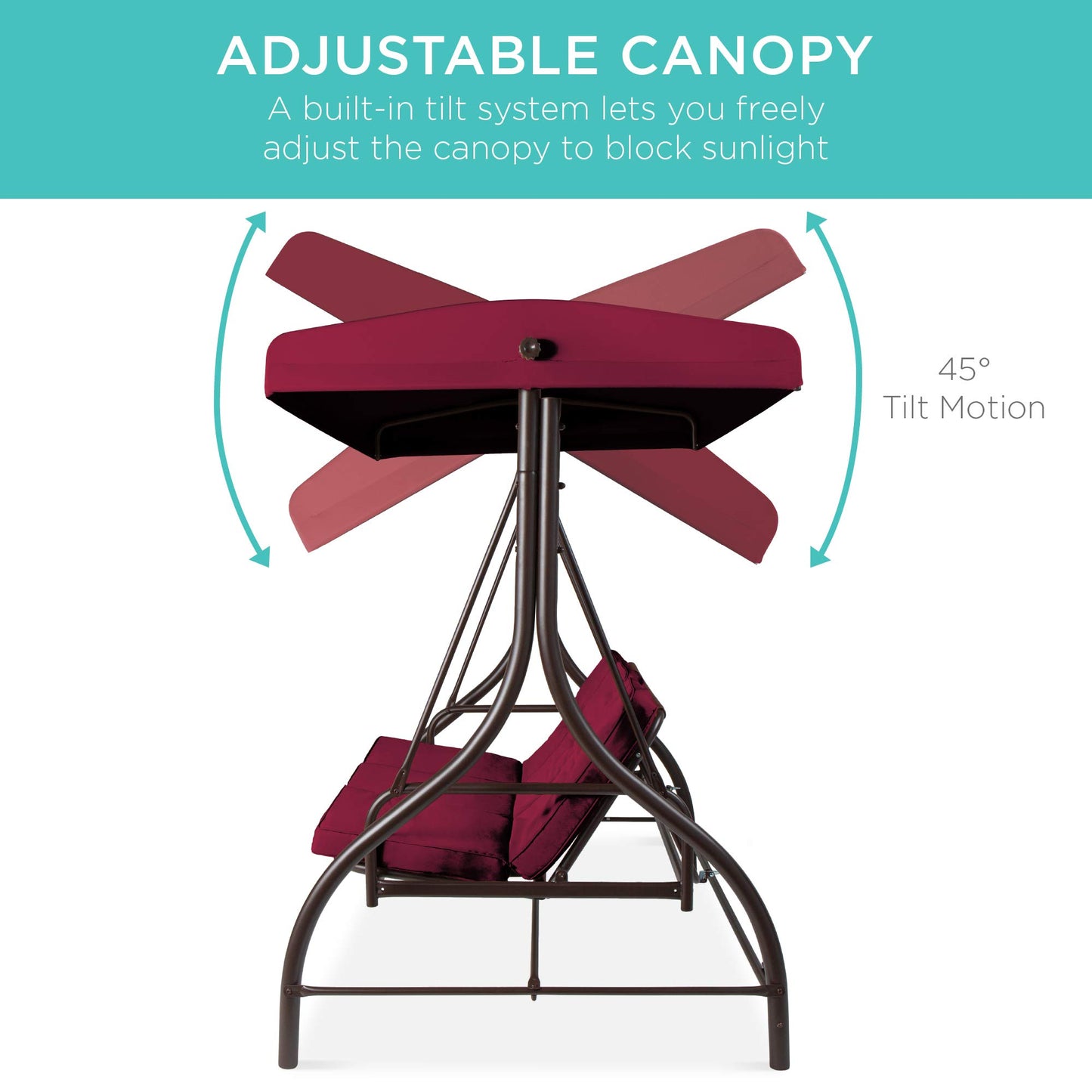 Best Choice Products 3-Seat Outdoor Large Converting Canopy Swing Glider, Patio Hammock Lounge Chair for Porch, Backyard w/Flatbed, Adjustable Shade, Removable Cushions - Burgundy