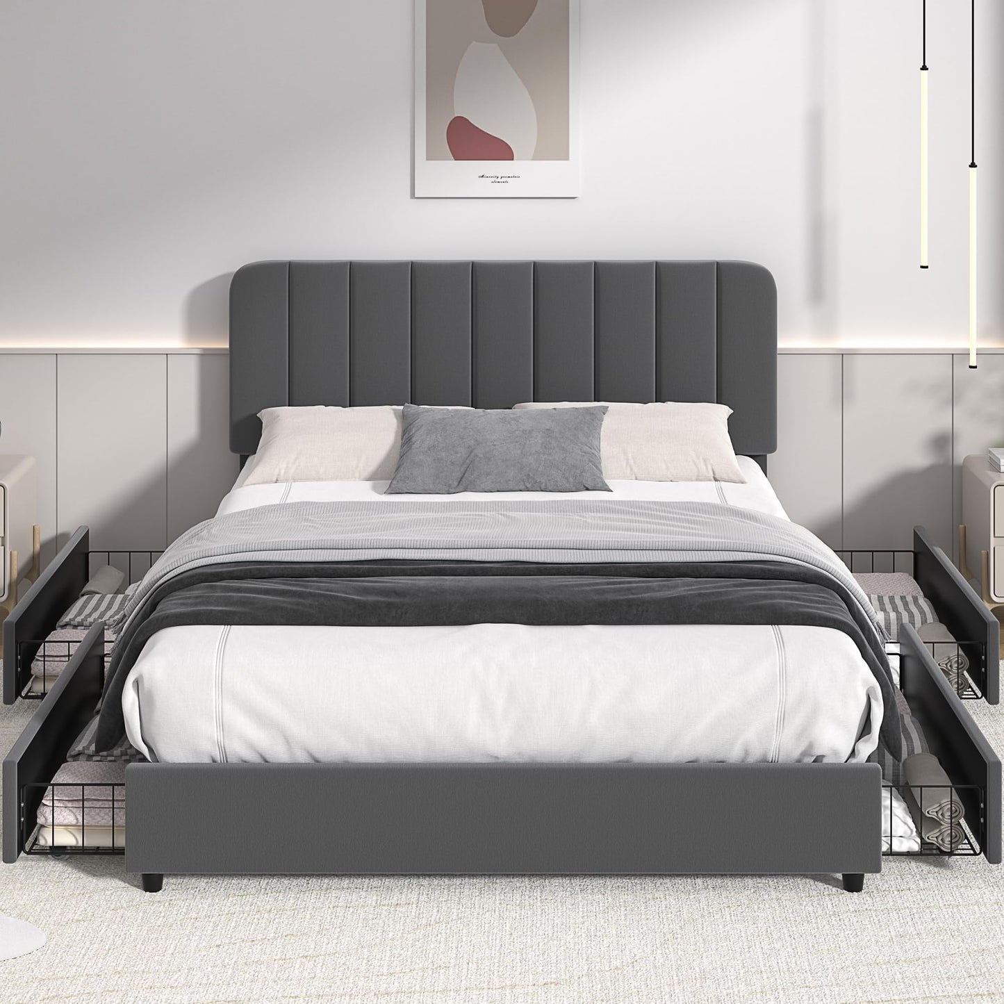 VECELO Queen Size Upholstered Bed Frame with 4 Drawers and Adjustable Headboard, Velvet Platform Storage Bedframe Mattress Foundation, Wooden Slats Support, No Box Spring Needed, Dark Grey