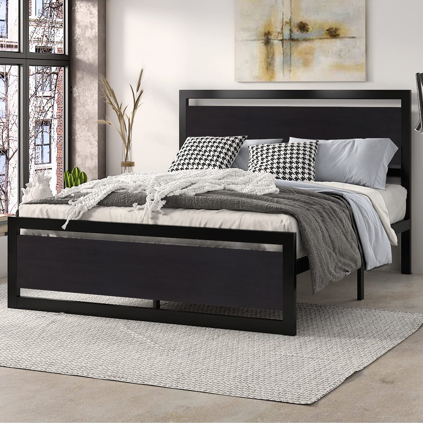 SHA CERLIN Queen Size Bed Frame with Modern Wooden Headboard/Heavy Duty Platform Metal Bed Frame with Square Frame Footboard & 13 Strong Metal Slats Support/No Box Spring