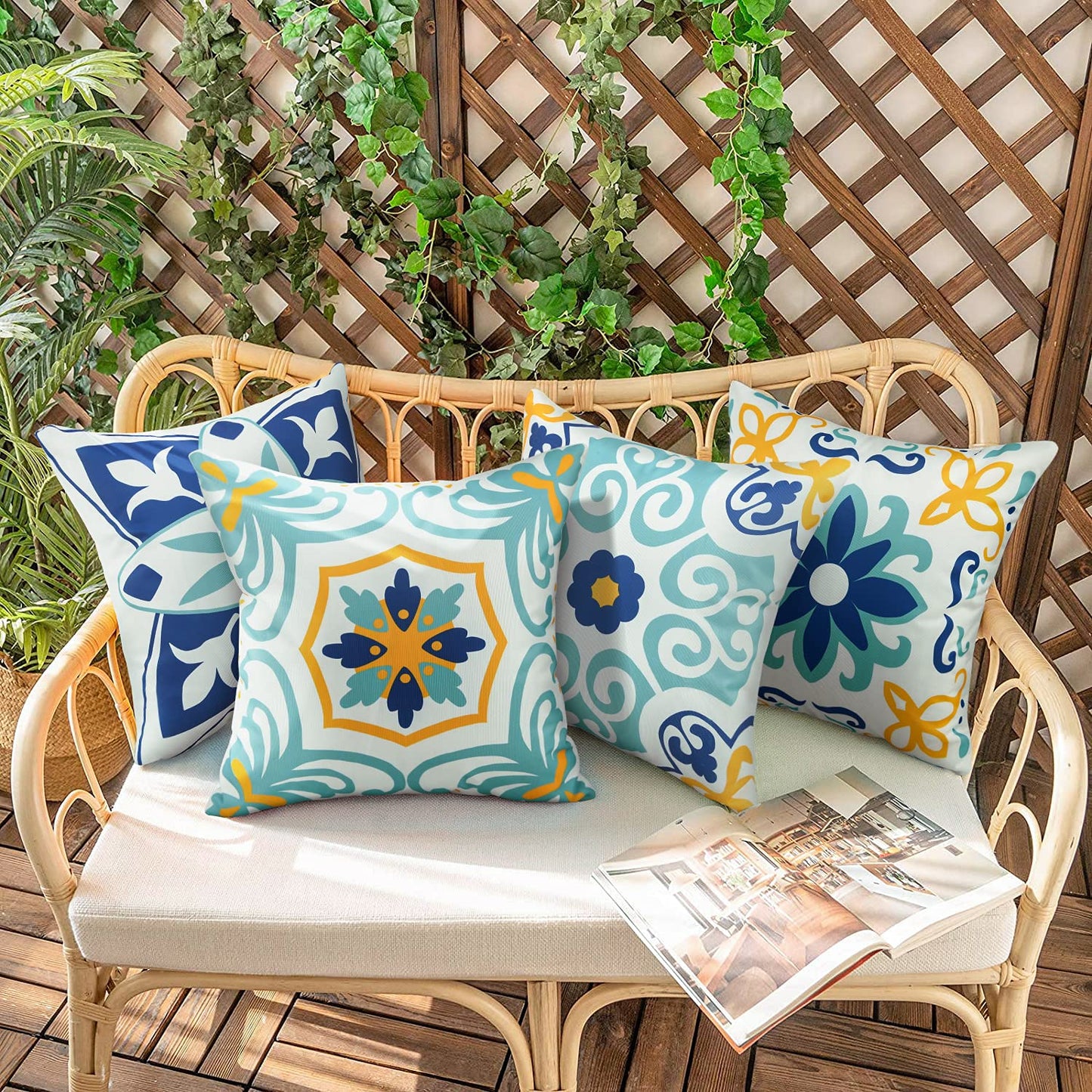 Outdoor Waterproof Throw Pillow Covers Set of 4 Floral Printed and Boho Farmhouse Outdoor Pillow Covers for Patio Funiture Garden 18x18 Inch Blue