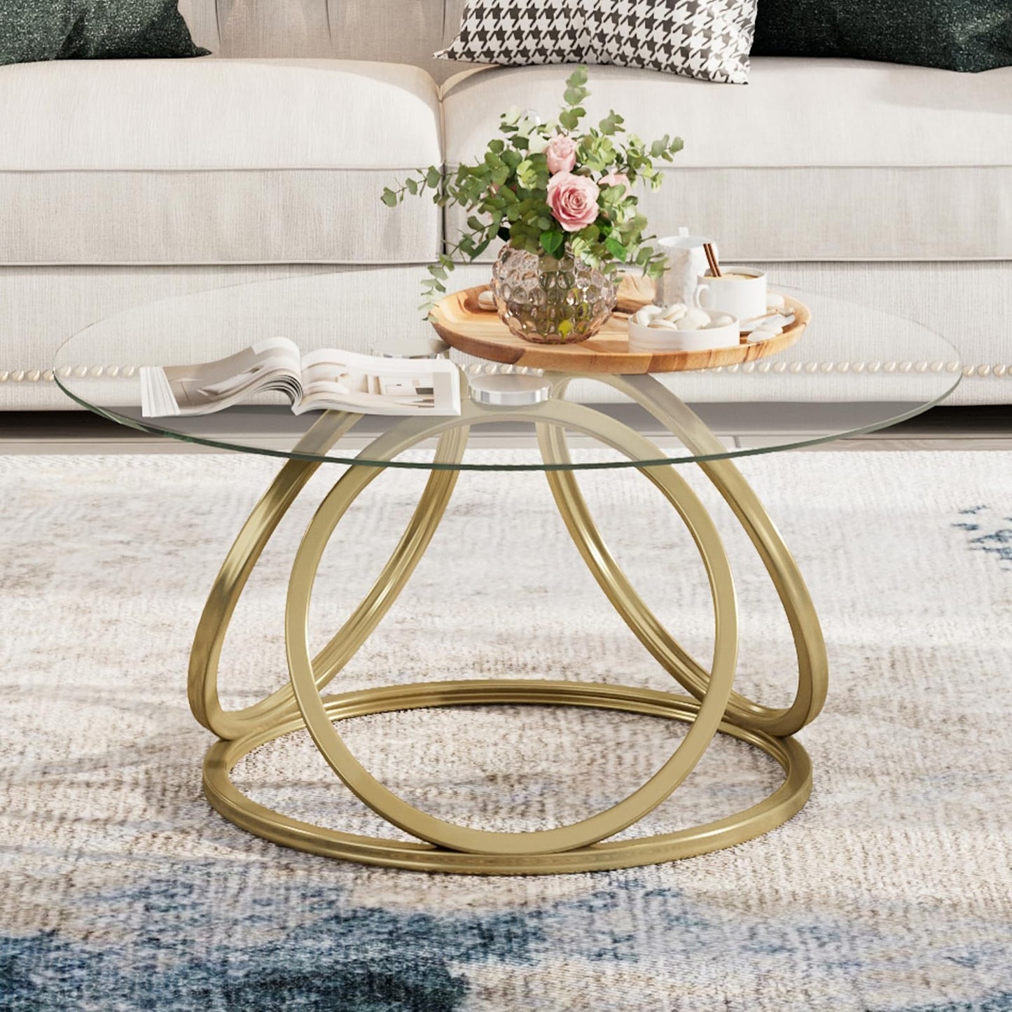 O&K FURNITURE Gold Coffee Table, Modern Round Glass Coffee Table for Living Room with Ring-Shaped Frames, Gold Glass Table for Home&Office,Gold Finish, 1PC