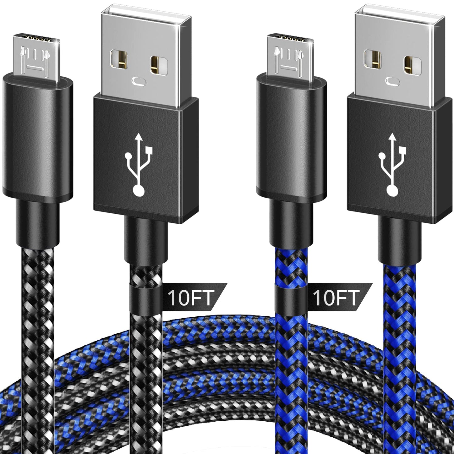 6amLifestyle PS4 Controller Charger Charging Cable, 2 Pack 10ft Extra Long Micro USB 2.0 Cable, Nylon Braided Cord, for PS4, PS4 Slim/Pro, Xbox One S/X Controller, Android Phones, Black+Blue