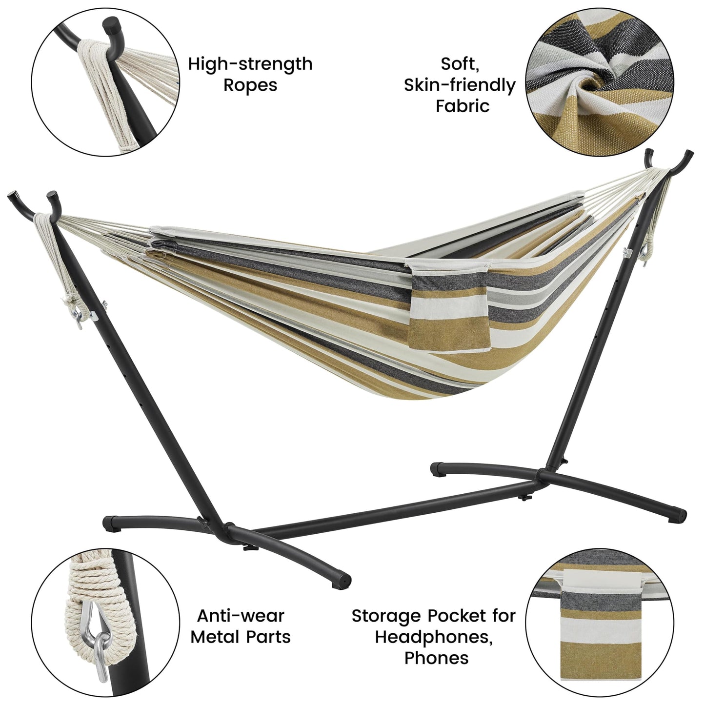 Yaheetech Double Hammock w/Stand, 2-People Hammock & Stand Set w/Storage Bag & Carrying Bag, Outdoor/Indoor Heavy-Duty Portable Hammock, 450LB Capacity - Desert Stripe