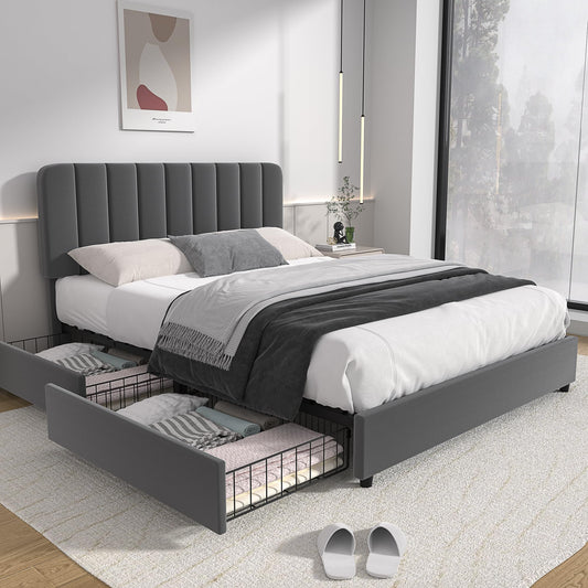 VECELO Queen Size Upholstered Bed Frame with 4 Drawers and Adjustable Headboard, Velvet Platform Storage Bedframe Mattress Foundation, Wooden Slats Support, No Box Spring Needed, Dark Grey