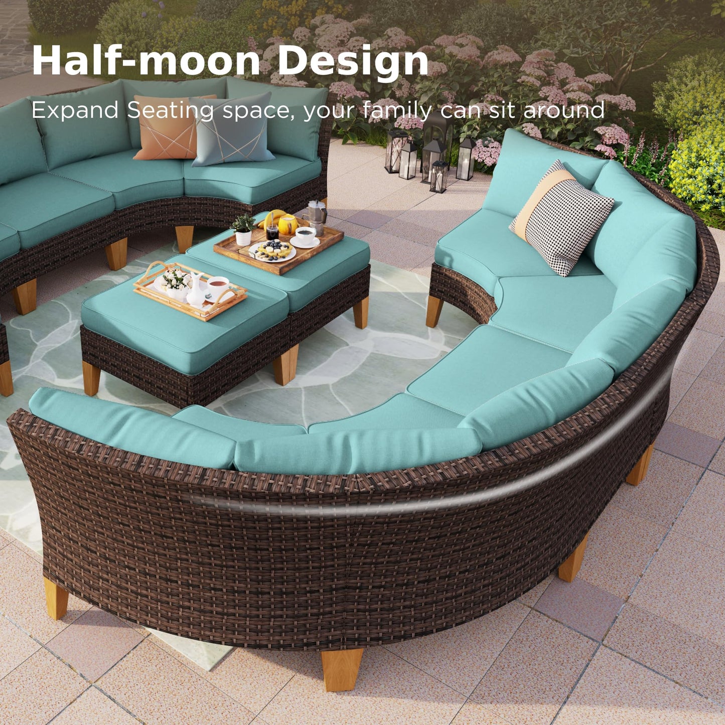 PHI VILLA 8-Piece Outdoor Furniture Wicker Set with 56" Gas Fire Pit Table Half-Moon Curved Patio Conversation Waterproof Rattan Sofa with Ottoman, Blue