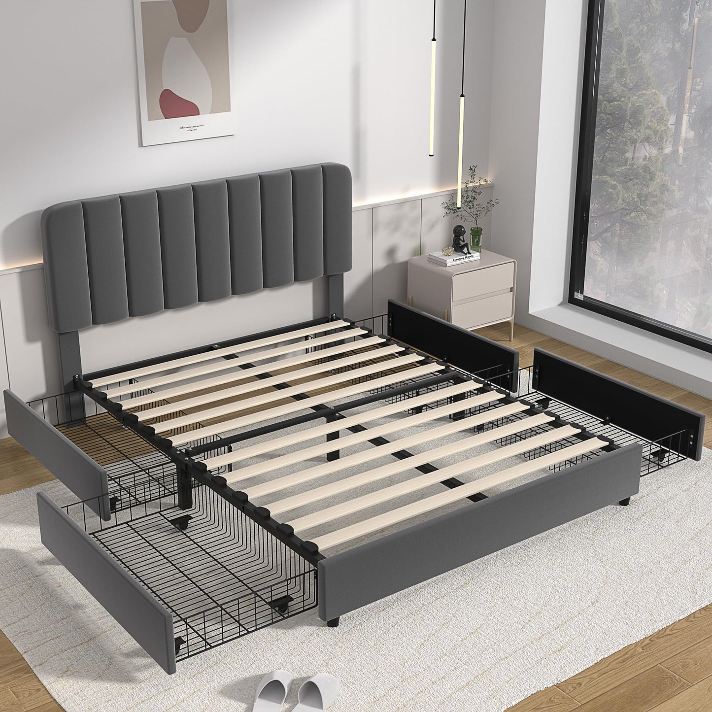 VECELO Queen Size Upholstered Bed Frame with 4 Drawers and Adjustable Headboard, Velvet Platform Storage Bedframe Mattress Foundation, Wooden Slats Support, No Box Spring Needed, Dark Grey